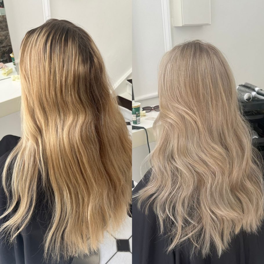 Vorher-Nachher Vergleich von welligem, blondem Haar mit verbesserter Farbgebung und Glanz.