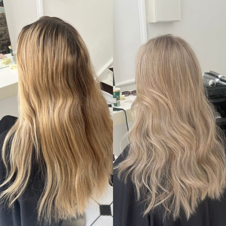 Vorher-Nachher-Bild von Haaren: unordentlich und trocken links, gepflegt und glänzend rechts.